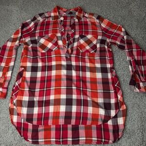 Soho Jeans New York & Company Red Plaid Henley Tunic Top Large Long Sleeve